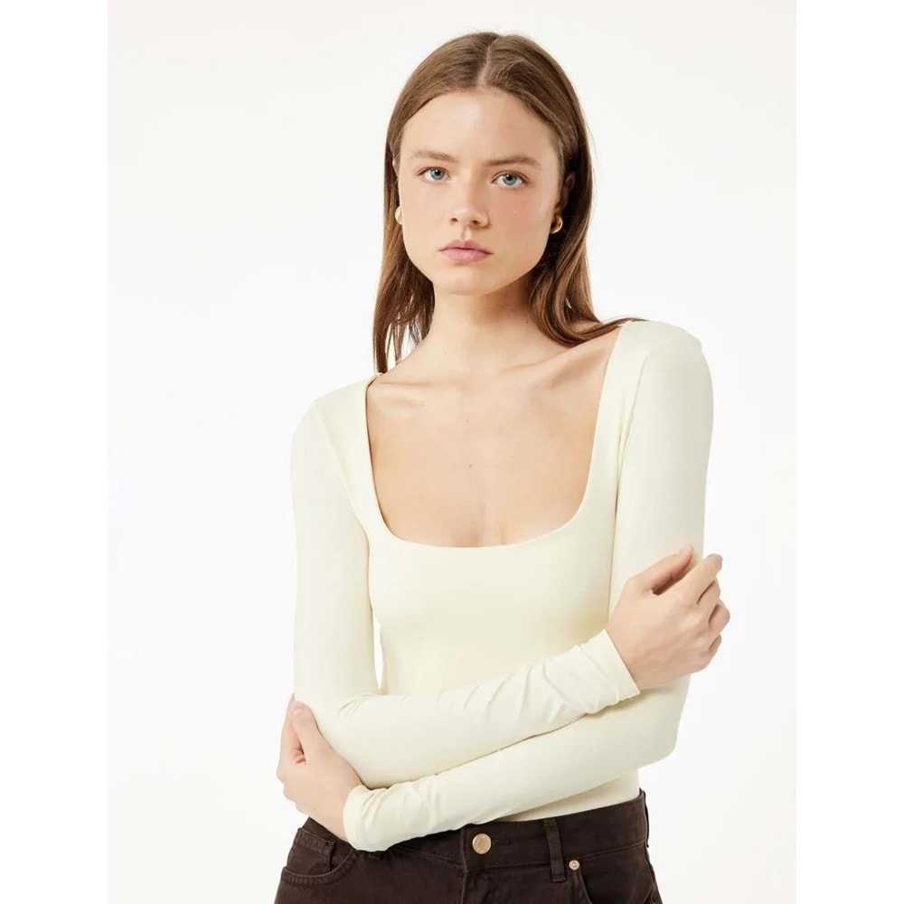 Kadın Giyim Kare Yaka Uzun Kollu Slim Fit Çıtçıtlı Body - KOTON - 6WAL10267IK - SARI - L