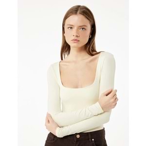 Kadın Giyim Kare Yaka Uzun Kollu Slim Fit Çıtçıtlı Body - KOTON - 6WAL10267IK - SARI - L