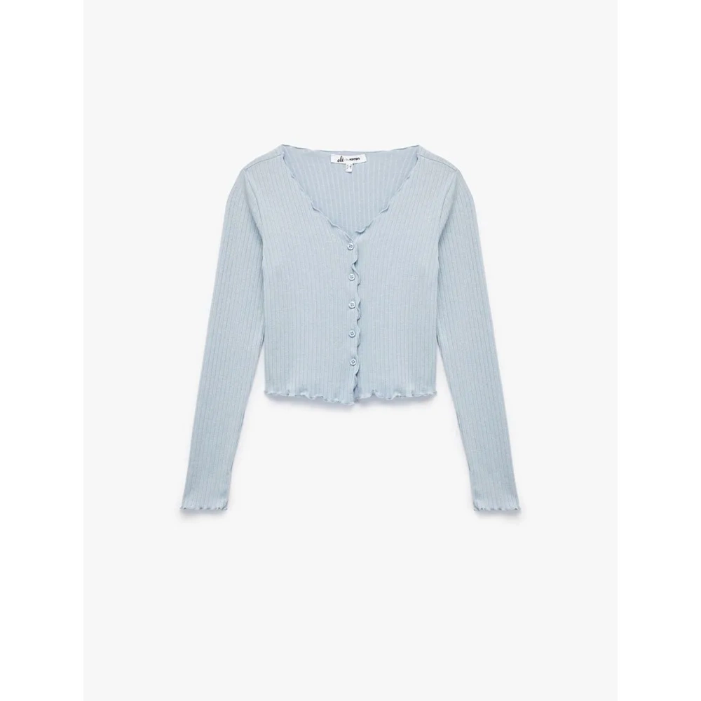 Kadın Giyim V Yaka Düğmeli Fırfırlı Kaşkorse Viskon Karışımlı Uzun Kollu Tişört - KOTON - 6WAL10425IK - MAVİ - XS