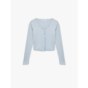 Kadın Giyim V Yaka Düğmeli Fırfırlı Kaşkorse Viskon Karışımlı Uzun Kollu Tişört - KOTON - 6WAL10425IK - MAVİ - XS