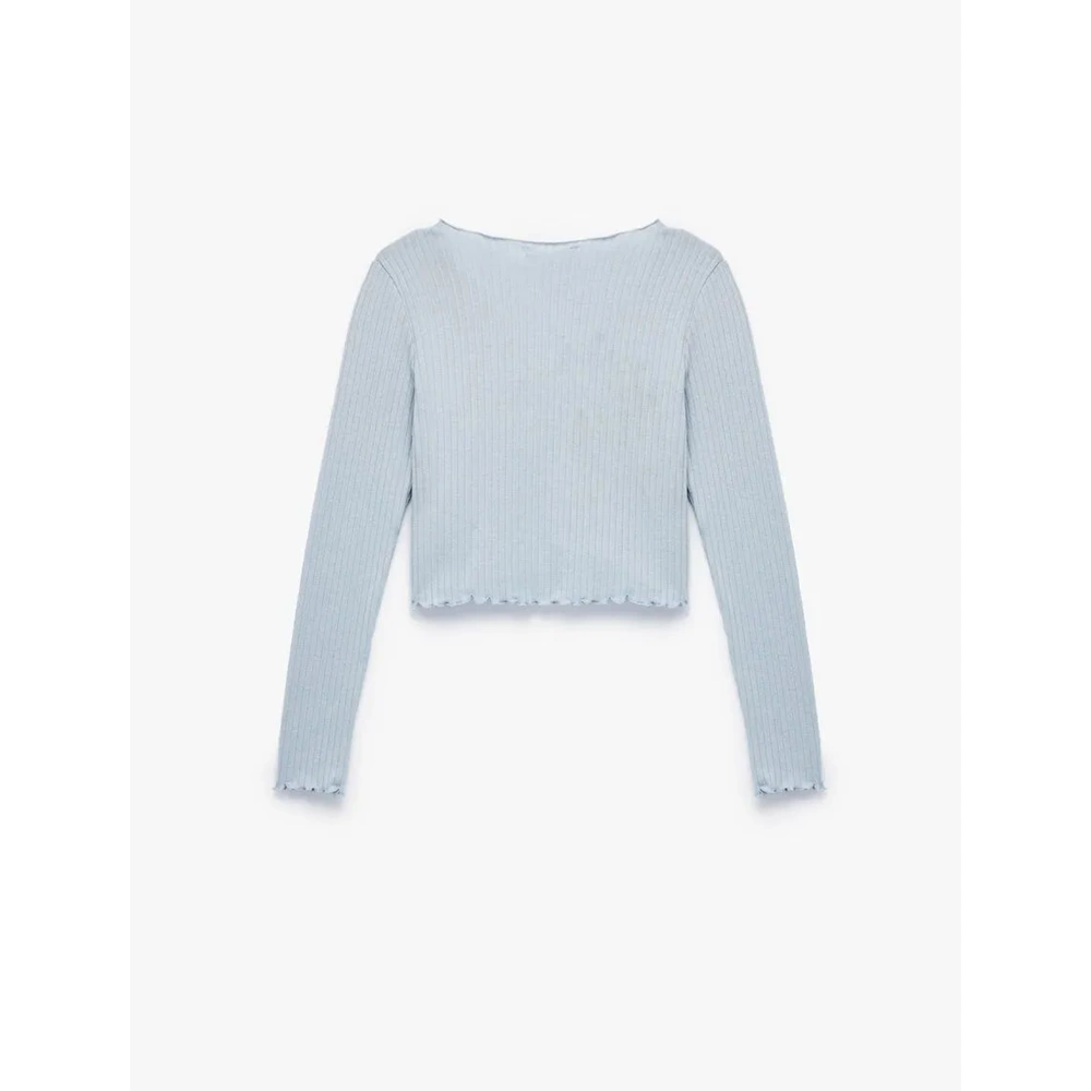 Kadın Giyim V Yaka Düğmeli Fırfırlı Kaşkorse Viskon Karışımlı Uzun Kollu Tişört - KOTON - 6WAL10425IK - MAVİ - XS