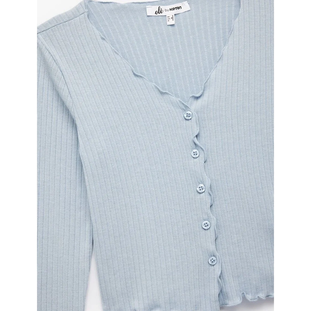 Kadın Giyim V Yaka Düğmeli Fırfırlı Kaşkorse Viskon Karışımlı Uzun Kollu Tişört - KOTON - 6WAL10425IK - MAVİ - XS