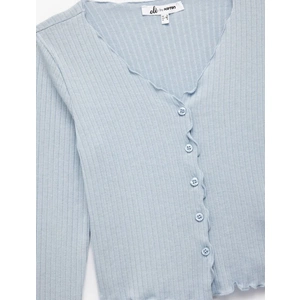 Kadın Giyim V Yaka Düğmeli Fırfırlı Kaşkorse Viskon Karışımlı Uzun Kollu Tişört - KOTON - 6WAL10425IK - MAVİ - XS