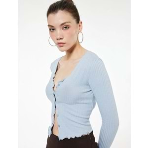 Kadın Giyim V Yaka Düğmeli Fırfırlı Kaşkorse Viskon Karışımlı Uzun Kollu Tişört - KOTON - 6WAL10425IK - MAVİ - XS