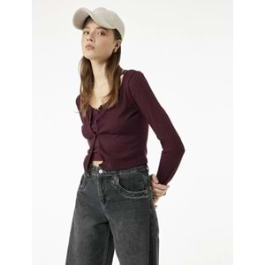 Kadın Giyim Slim Fit Bisiklet Yaka Atlet Detaylı Dantelli Fitilli Uzun Kollu Tişört - KOTON - 6WAL10441IK - BORDO - L