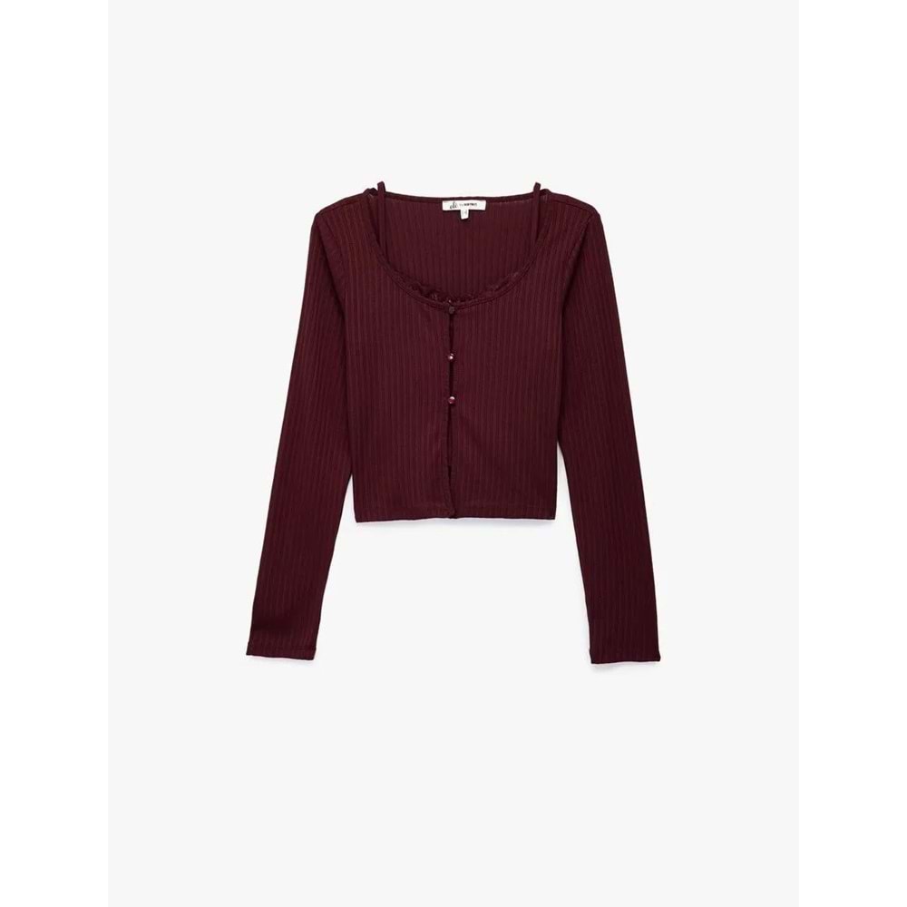 Kadın Giyim Slim Fit Bisiklet Yaka Atlet Detaylı Dantelli Fitilli Uzun Kollu Tişört - KOTON - 6WAL10441IK - BORDO - L