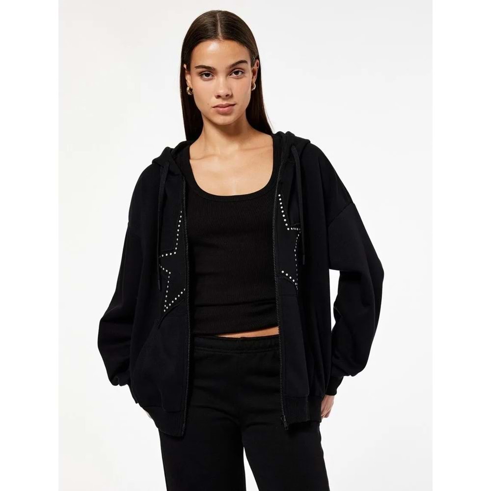 Kadın Giyim Şardonlu Arkası Baskılı Sweatshirt Kapüşonlu Rahat Kalıp - KOTON - 6WAL10559IK - SİYAH - M-L