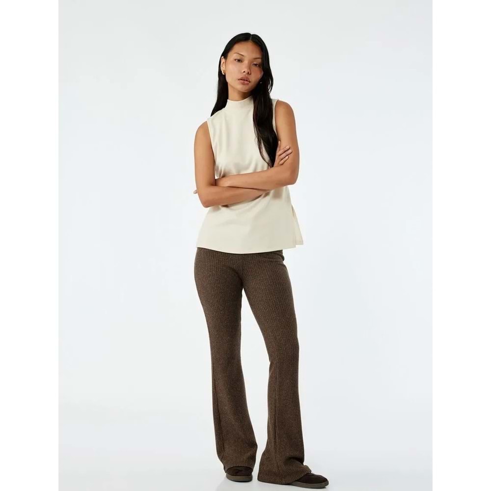 Kadın Giyim Kaşkorse Kumaş Viskon Karışımlı İspanyol Paça Yüksek Bel Pantolon - KOTON - 6WAL40030IK - KAHVERENGİ - M