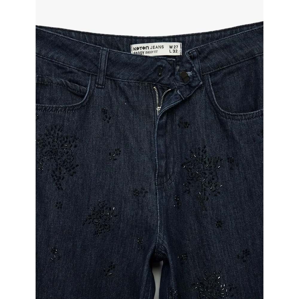 Kadın Giyim Pamuklu Rahat Kalıp Düz Paça Taşlı Jean Pantolon - Loose Straight Fit Jean - KOTON - 6WAL40147MD - KOYU İNDİGO - 25/32