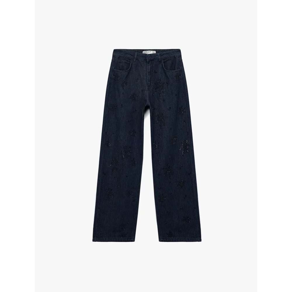 Kadın Giyim Pamuklu Rahat Kalıp Düz Paça Taşlı Jean Pantolon - Loose Straight Fit Jean - KOTON - 6WAL40147MD - KOYU İNDİGO - 25/32