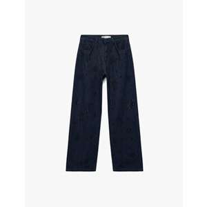 Kadın Giyim Pamuklu Rahat Kalıp Düz Paça Taşlı Jean Pantolon - Loose Straight Fit Jean - KOTON - 6WAL40147MD - KOYU İNDİGO - 25/32