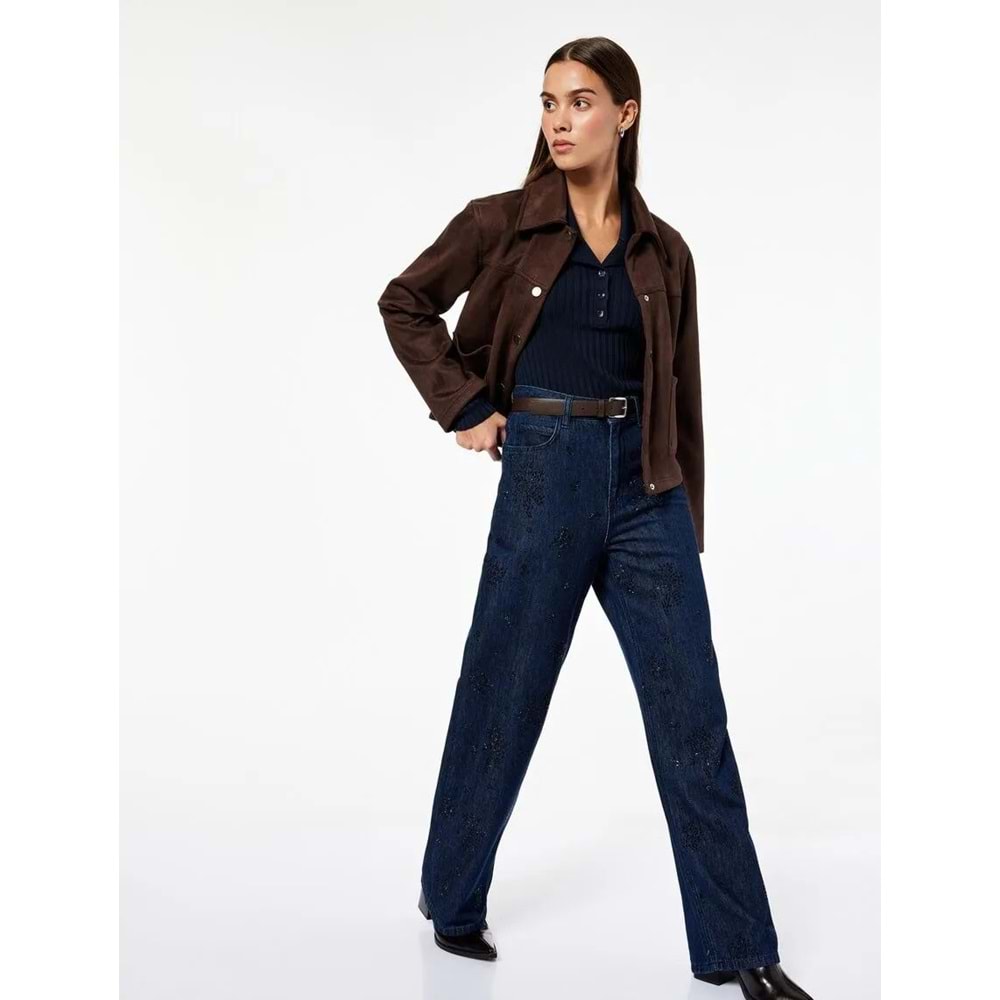 Kadın Giyim Pamuklu Rahat Kalıp Düz Paça Taşlı Jean Pantolon - Loose Straight Fit Jean - KOTON - 6WAL40147MD - KOYU İNDİGO - 25/32