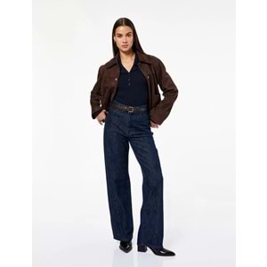 Kadın Giyim Pamuklu Rahat Kalıp Düz Paça Taşlı Jean Pantolon - Loose Straight Fit Jean - KOTON - 6WAL40147MD - KOYU İNDİGO - 31/32
