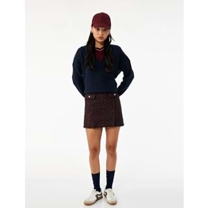 Kadın Giyim Cep Detaylı Düğmeli A Kesim Slim Fit Tüvit Mini Etek - KOTON - 6WAL70009IW - Mor Desenli - 34