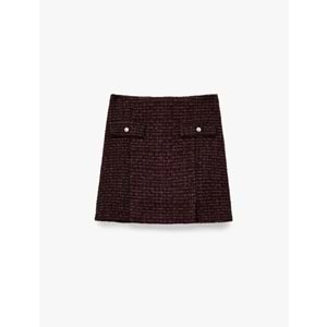 Kadın Giyim Cep Detaylı Düğmeli A Kesim Slim Fit Tüvit Mini Etek - KOTON - 6WAL70009IW - Mor Desenli - 34