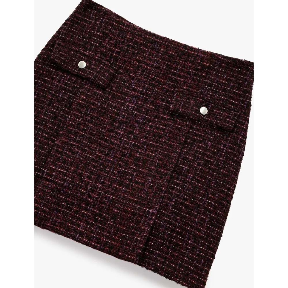 Kadın Giyim Cep Detaylı Düğmeli A Kesim Slim Fit Tüvit Mini Etek - KOTON - 6WAL70009IW - Mor Desenli - 34