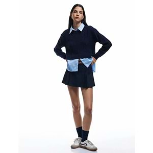 Kadın Giyim Uzun Kollu Gömlek Yaka Saç Örgü Dokulu Viskon Karışımlı Kazak - KOTON - 6WAL90003IT - LACİVERT - S