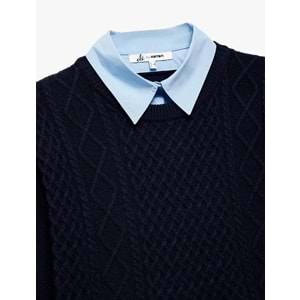 Kadın Giyim Uzun Kollu Gömlek Yaka Saç Örgü Dokulu Viskon Karışımlı Kazak - KOTON - 6WAL90003IT - LACİVERT - S