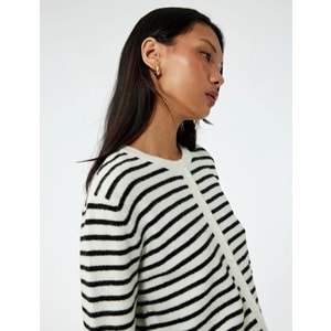 Kadın Giyim Uzun Kollu Düğmeli Bisiklet Yaka Çizgili Triko Hırka - KOTON - 6WAL90019IT - EKRU ÇİZGİLİ - M