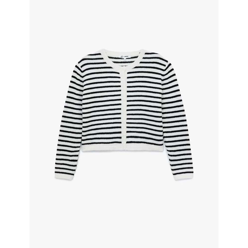 Kadın Giyim Uzun Kollu Düğmeli Bisiklet Yaka Çizgili Triko Hırka - KOTON - 6WAL90019IT - EKRU ÇİZGİLİ - M