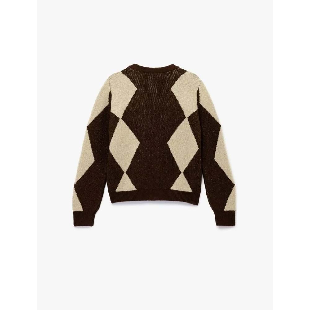 Kadın Giyim V Yaka Uzun Kollu Baklava Desenli Triko Hırka - KOTON - 6WAL90080HT - KAHVERENGİ DESENLİ - M