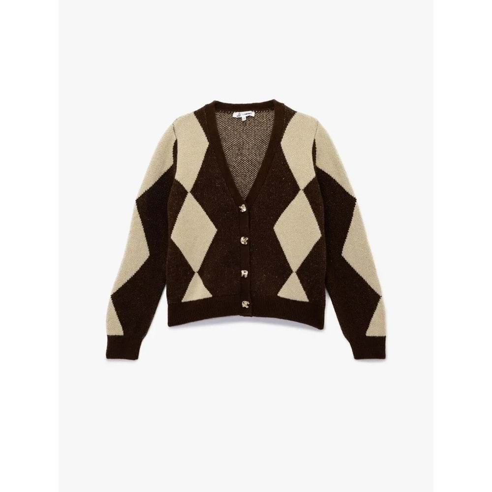 Kadın Giyim V Yaka Uzun Kollu Baklava Desenli Triko Hırka - KOTON - 6WAL90080HT - KAHVERENGİ DESENLİ - M