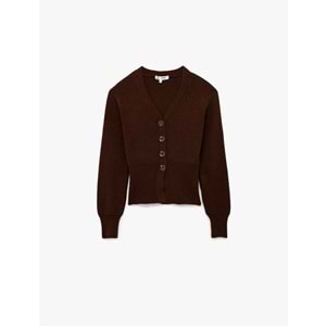 Kadın Giyim Düğmeli V Yaka Uzun Kollu Triko Hırka - KOTON - 6WAL90110HT - KAHVERENGİ - L