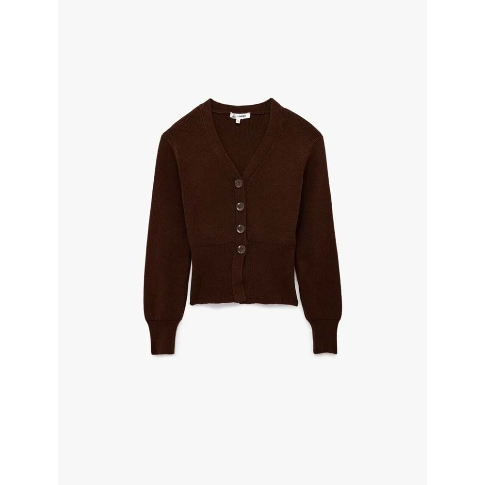 Kadın Giyim Düğmeli V Yaka Uzun Kollu Triko Hırka - KOTON - 6WAL90110HT - KAHVERENGİ - M