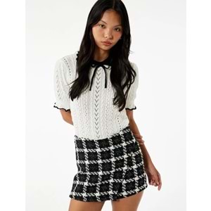 Kadın Giyim Kısa Kollu Bebe Yaka Fiyonklu Ajurlu Triko Kazak - KOTON - 6WAL90121HT - EKRU - XS