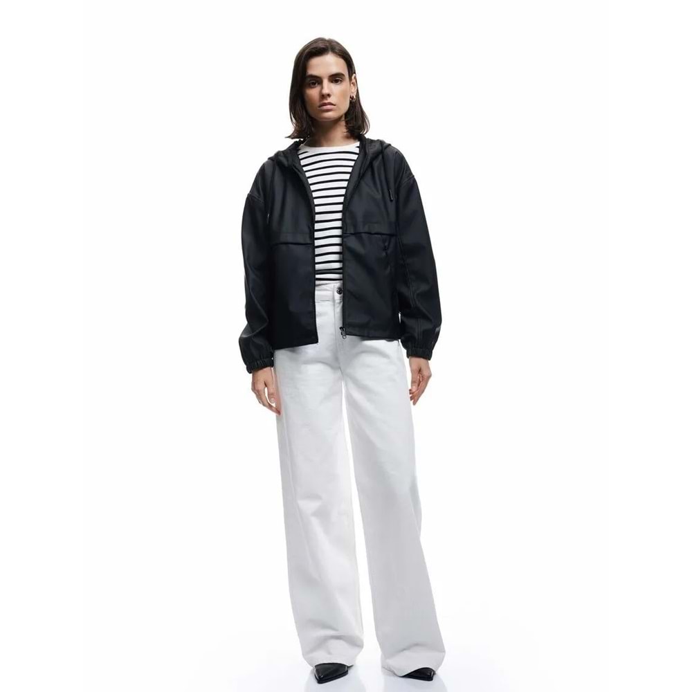 Kadın Giyim Fermuarlı Kapüşonlu Uzun Kollu Suni Deri Yağmurluk - KOTON - 6WAK00008EW - SİYAH - 40