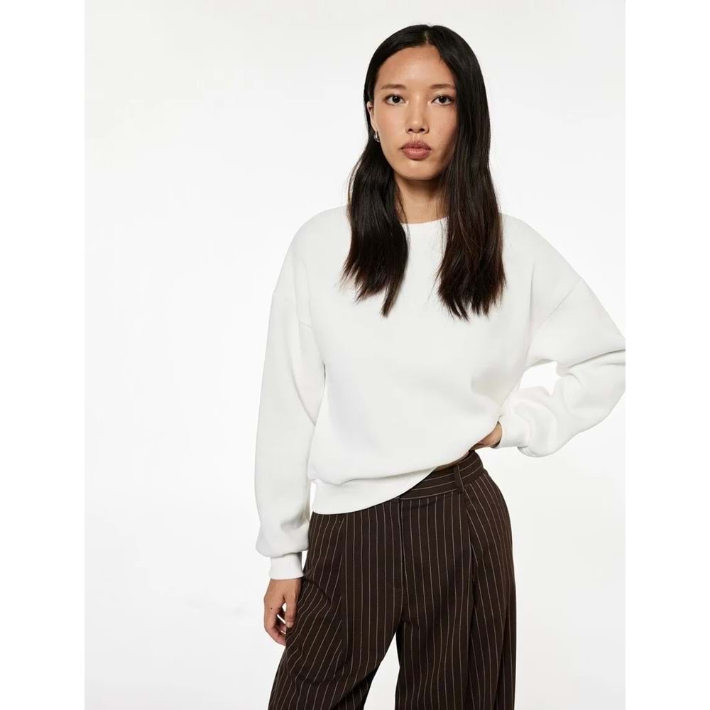 Kadın Giyim Üç İplik Şardonlu Uzun Kollu Bisiklet Yaka Basic Sweatshirt - KOTON - 6WAK10002PK - KIRIK BEYAZ - XS