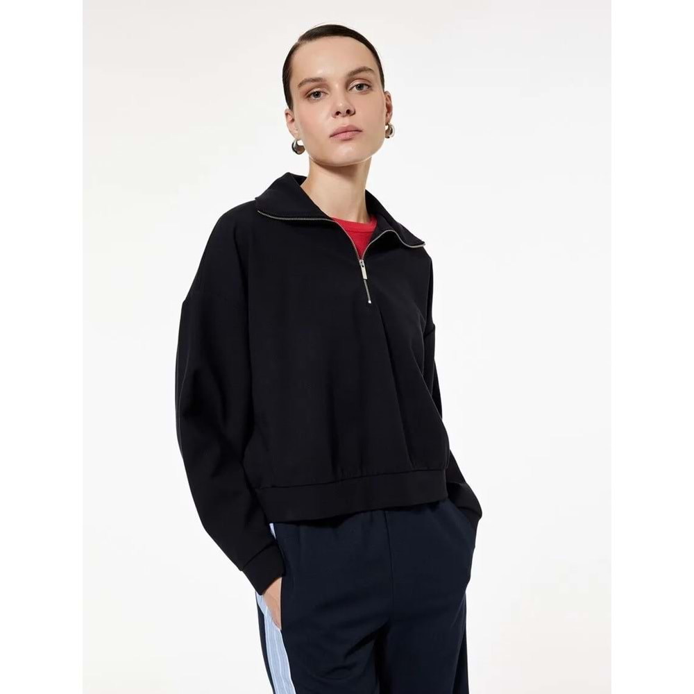 Kadın Giyim Rahat Kalıp Uzun Kollu Yarım Fermuarlı Sweatshirt - KOTON - 6WAK10024EK - LACİVERT - L