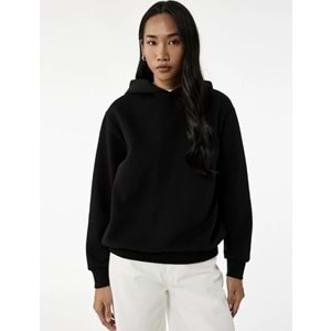 Kadın Giyim Üç İplik Uzun Kollu Kapüşonlu Basic Sweatshirt - KOTON - 6WAK10032EK - SİYAH - S