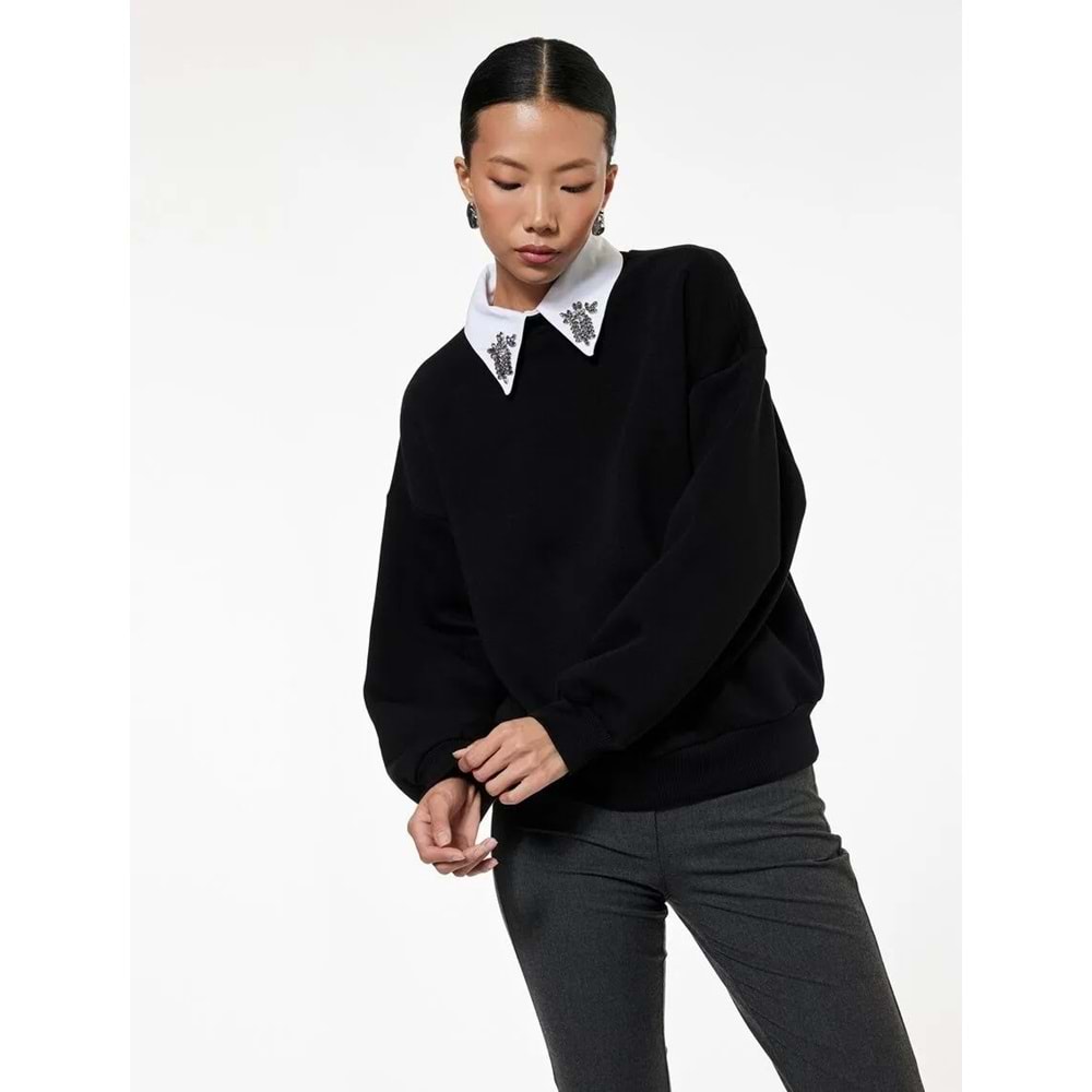 Kadın Giyim Üç İplik Uzun Kollu Taş Detaylı Gömlek Yaka Sweatshirt - KOTON - 6WAK10049EK - SİYAH - S