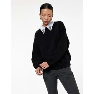 Kadın Giyim Üç İplik Uzun Kollu Taş Detaylı Gömlek Yaka Sweatshirt - KOTON - 6WAK10049EK - SİYAH - S