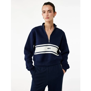 Kadın Giyim Şardonlu Kolej Temalı Uzun Kollu Dik Yaka Yarım Fermuarlı Crop Sweatshirt - KOTON - 6WAK10052EK - LACİVERT - L