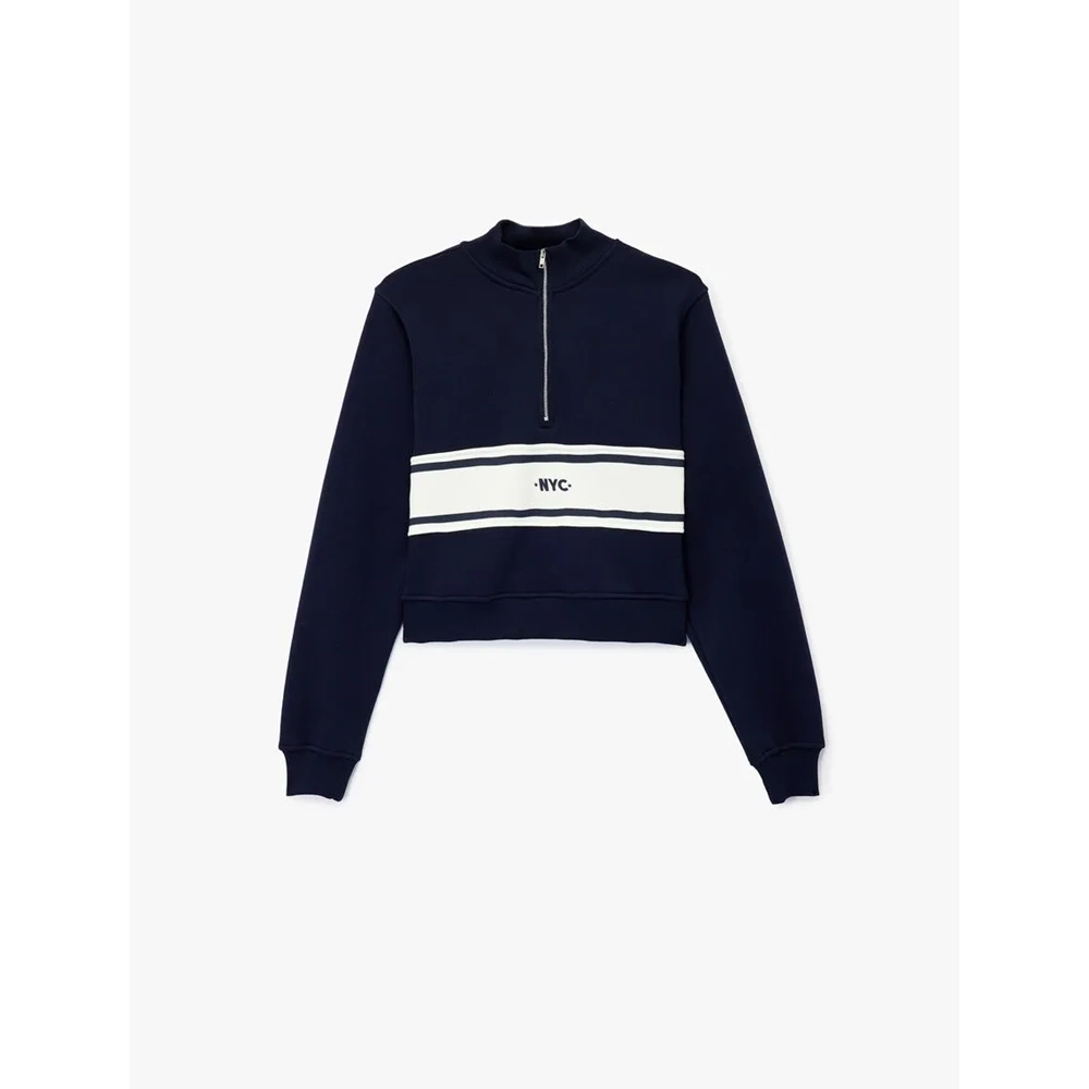 Kadın Giyim Şardonlu Kolej Temalı Uzun Kollu Dik Yaka Yarım Fermuarlı Crop Sweatshirt - KOTON - 6WAK10052EK - LACİVERT - L