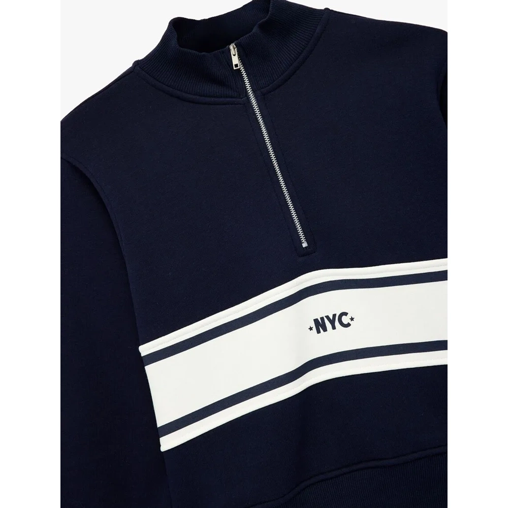 Kadın Giyim Şardonlu Kolej Temalı Uzun Kollu Dik Yaka Yarım Fermuarlı Crop Sweatshirt - KOTON - 6WAK10052EK - LACİVERT - L