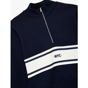 Kadın Giyim Şardonlu Kolej Temalı Uzun Kollu Dik Yaka Yarım Fermuarlı Crop Sweatshirt - KOTON - 6WAK10052EK - LACİVERT - L