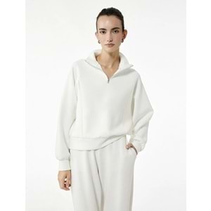 Kadın Giyim Rahat Kalıp Modal Kumaş Uzun Kollu Dik Yaka Yarım Fermuarlı Sweatshirt - KOTON - 6WAK10098EK - BEYAZ - XL
