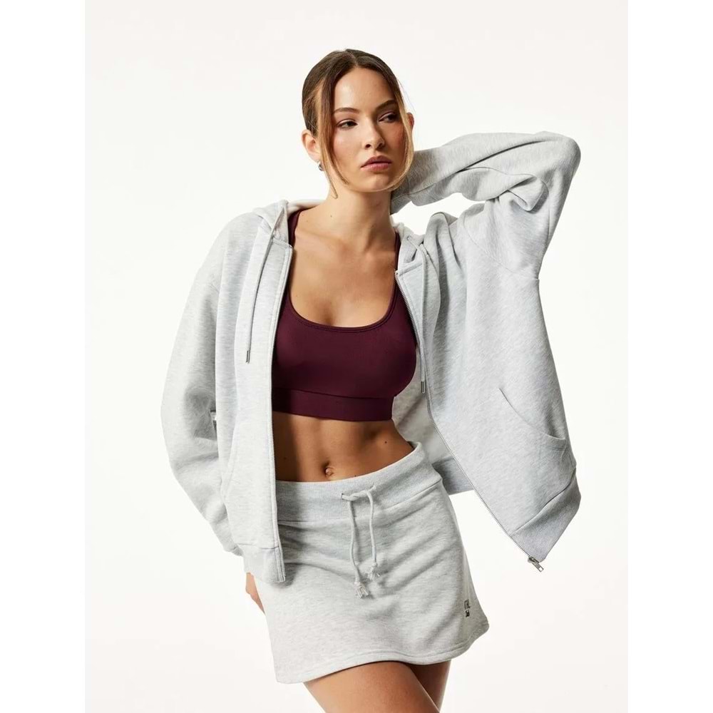 Kadın Giyim Fermuarlı Kapüşonlu Kanguru Cepli Uzun Kollu Şardonlu Oversize Spor Sweatshirt - KOTON - 6WAK10151NK - GRİ MELANJ - M