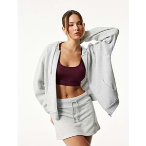 Kadın Giyim Fermuarlı Kapüşonlu Kanguru Cepli Uzun Kollu Şardonlu Oversize Spor Sweatshirt - KOTON - 6WAK10151NK - GRİ MELANJ - M