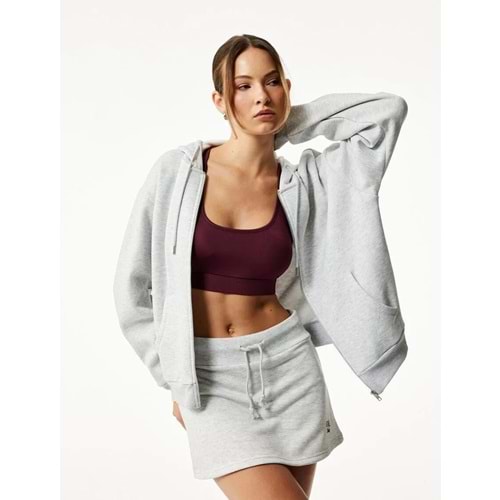 Kadın Giyim Fermuarlı Kapüşonlu Kanguru Cepli Uzun Kollu Şardonlu Oversize Spor Sweatshirt