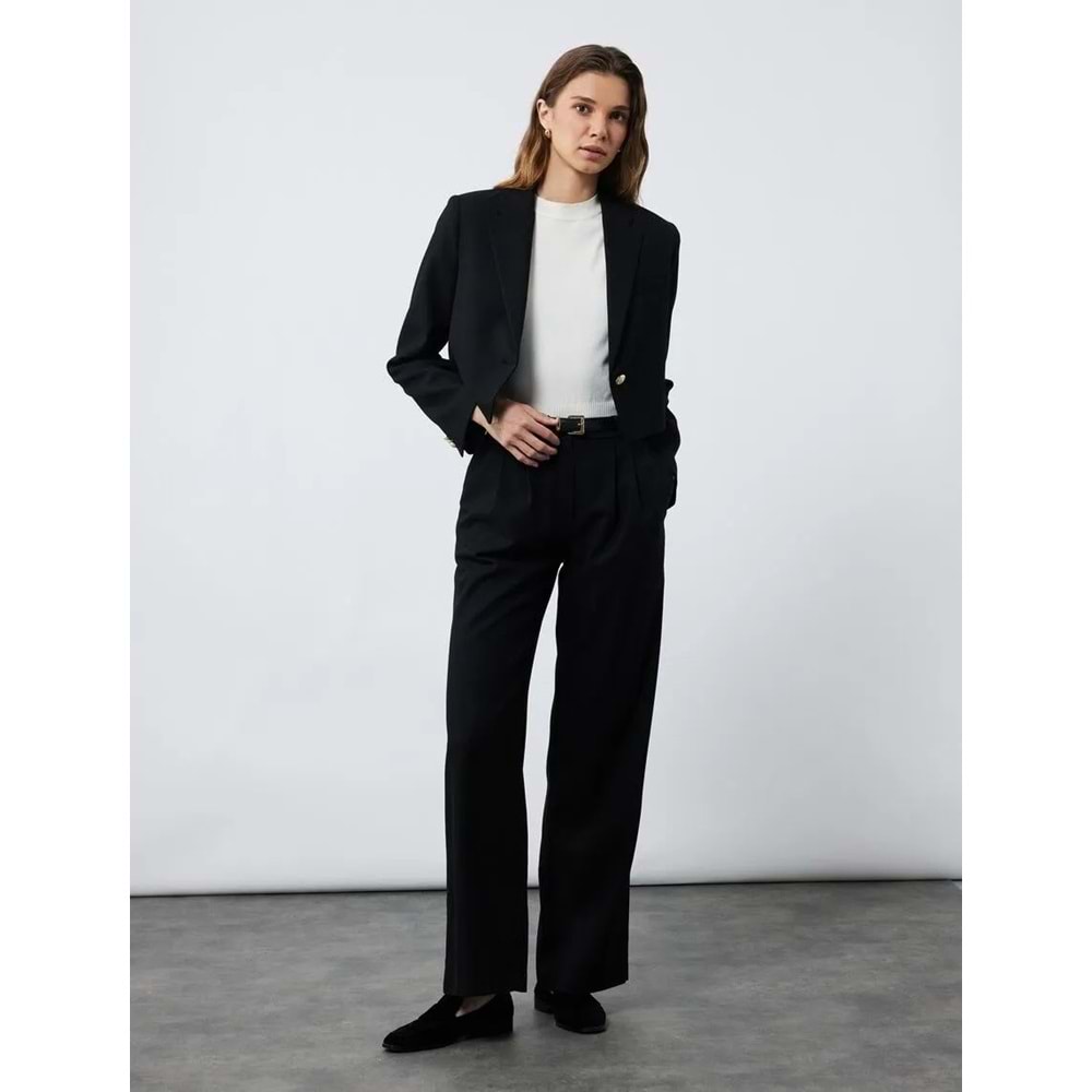 Kadın Giyim Cepli Normal Bel Düz Geniş Paça Kemerli Palazzo Pantolon - KOTON - 6WAK40021PW - SİYAH - 36