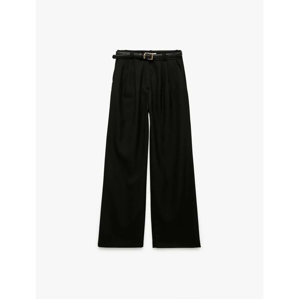 Kadın Giyim Cepli Normal Bel Düz Geniş Paça Kemerli Palazzo Pantolon - KOTON - 6WAK40021PW - SİYAH - 36