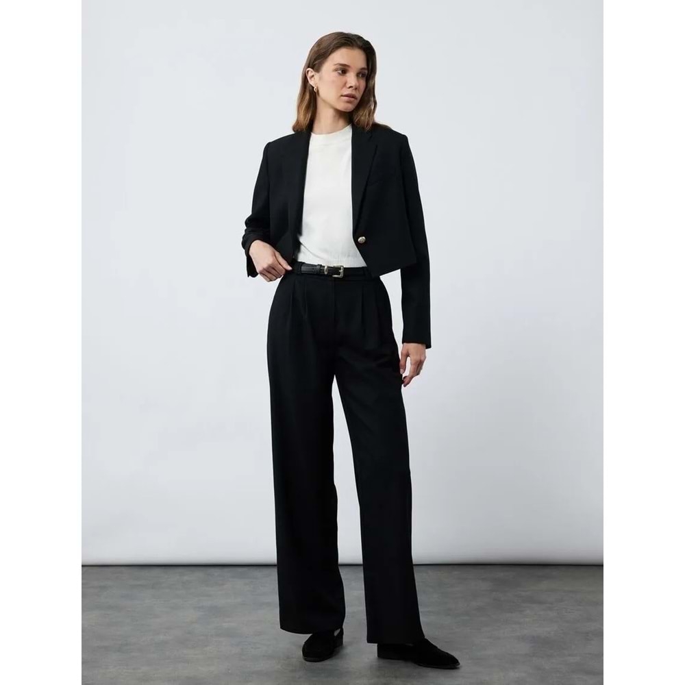 Kadın Giyim Cepli Normal Bel Düz Geniş Paça Kemerli Palazzo Pantolon - KOTON - 6WAK40021PW - SİYAH - 38