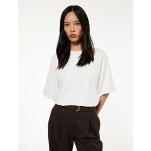 Kadın Giyim Kısa Kollu Bisiklet Yaka Taş Detaylı Tişört - KOTON - 6WAK50084EK - EKRU - L