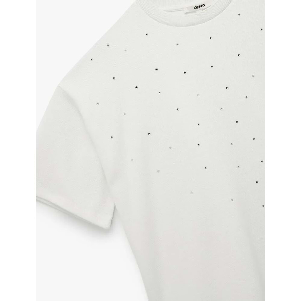 Kadın Giyim Kısa Kollu Bisiklet Yaka Taş Detaylı Tişört - KOTON - 6WAK50084EK - EKRU - L