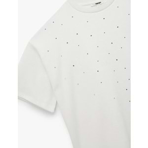 Kadın Giyim Kısa Kollu Bisiklet Yaka Taş Detaylı Tişört - KOTON - 6WAK50084EK - EKRU - L