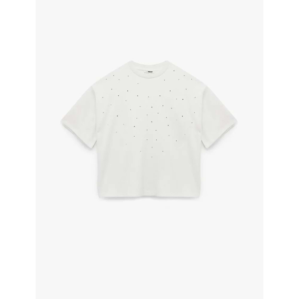 Kadın Giyim Kısa Kollu Bisiklet Yaka Taş Detaylı Tişört - KOTON - 6WAK50084EK - EKRU - L